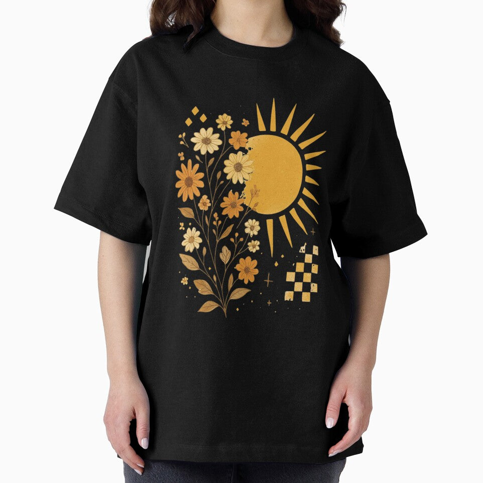 Boho Sun & Wildflower Retro Illustration – Vintage Floral Nature Art by 5CatDesign