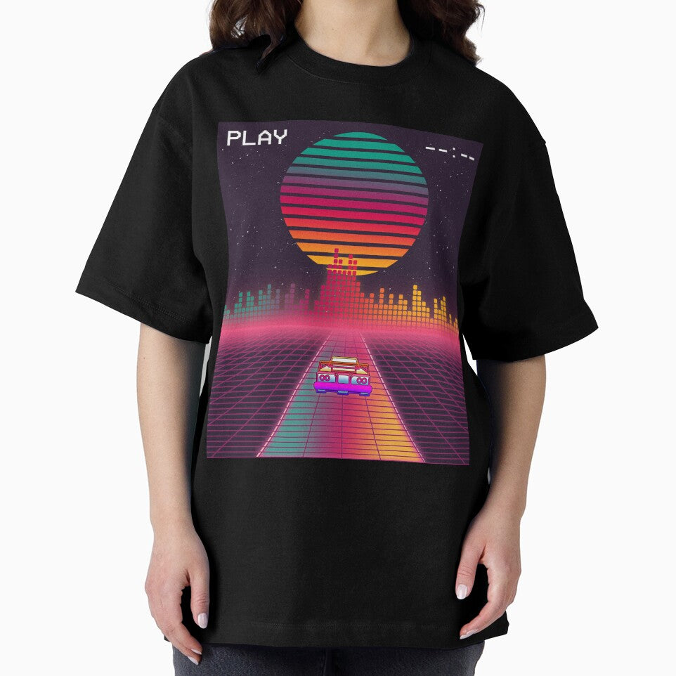 Retro 80s Cyberpunk Synthwave Sunset fast car in Outrun grid design by D-C-Designs
