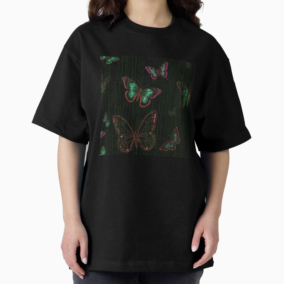 Techno Glam: Neon Butterflies & Matrix Code Fusion by SeanOsShirts