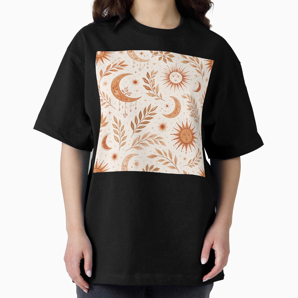 Boho Earth Pattern – Sun Moon & Leaves Terracotta Seamless Design by OpenDreamArts