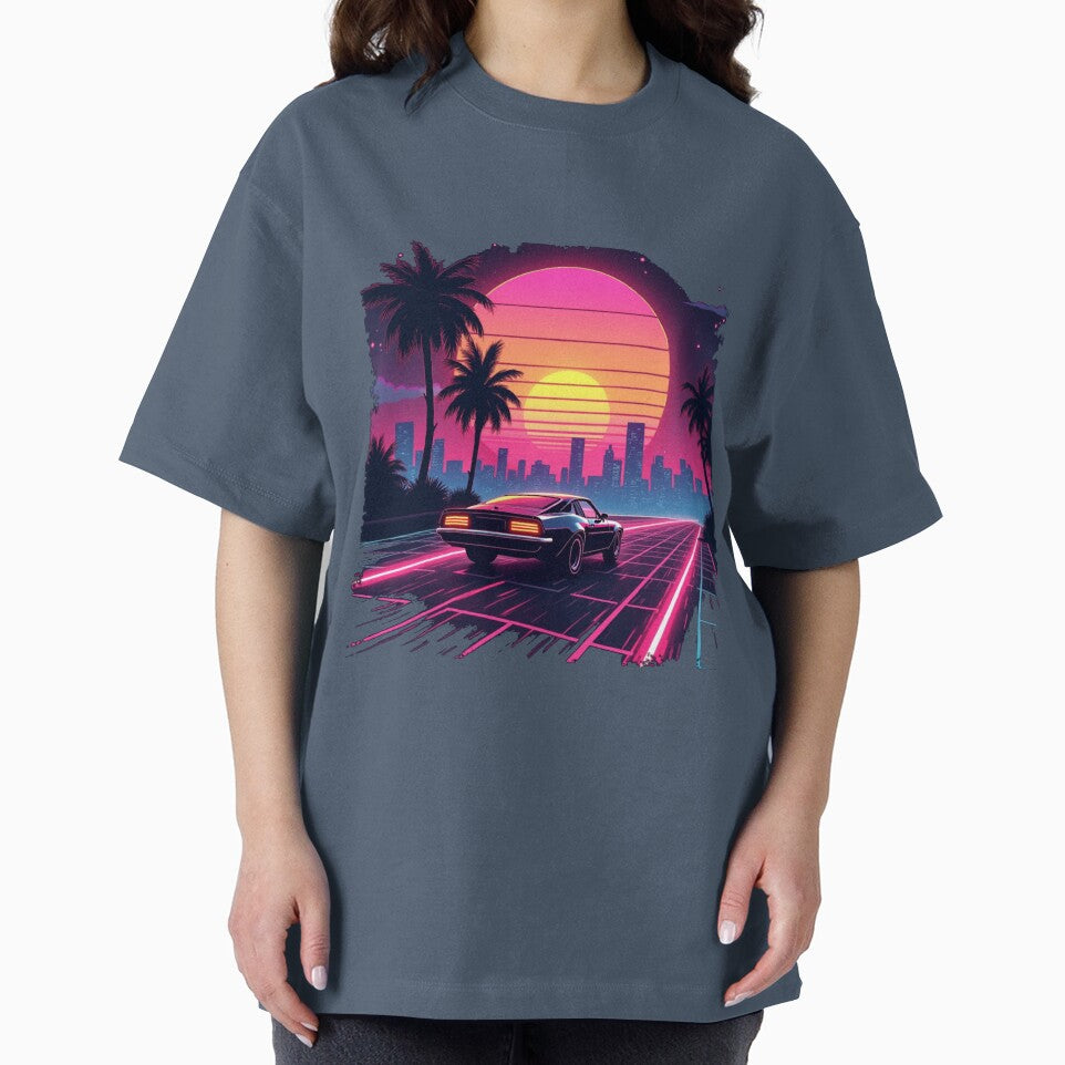 Retro 80s Synthwave T-Shirt – Neon Sunset & Futuristic Car Design by Madustoks