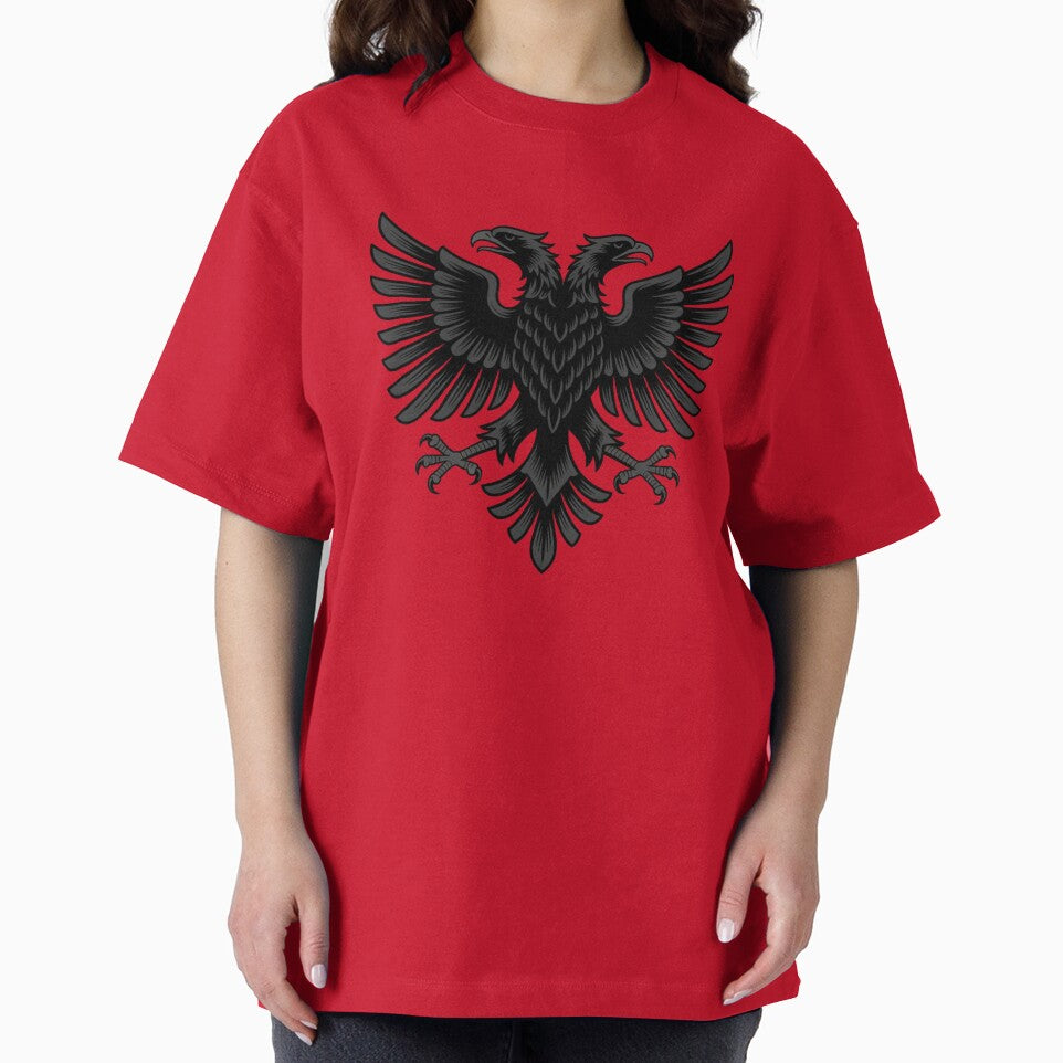 Highly detailed Albanian double-headed eagle emblem in a powerful heraldic style by 123ks