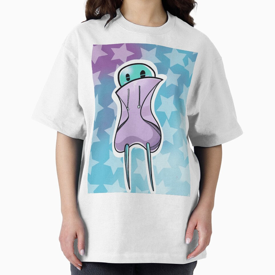 Cute Turquoise Alien Character Wearing Purple Oversized Hoodie by AstroOceania