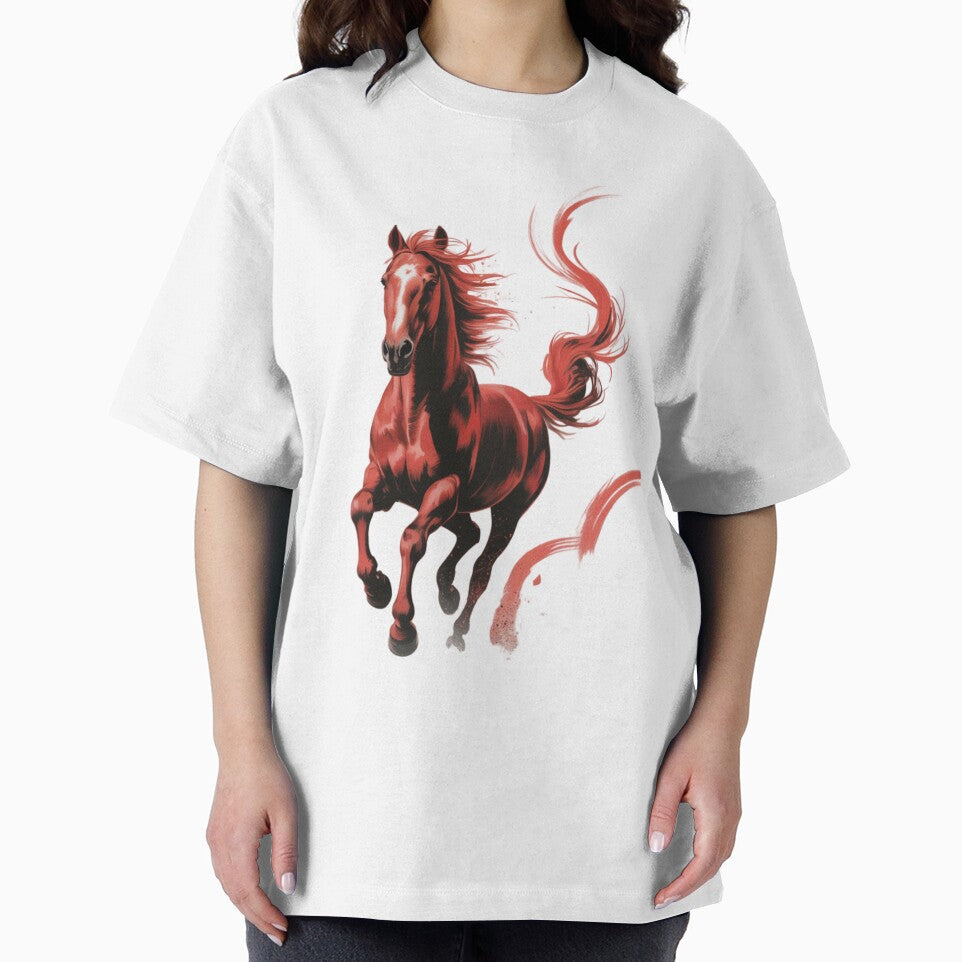 A dynamic digital painting of a red horse galloping by 123ks