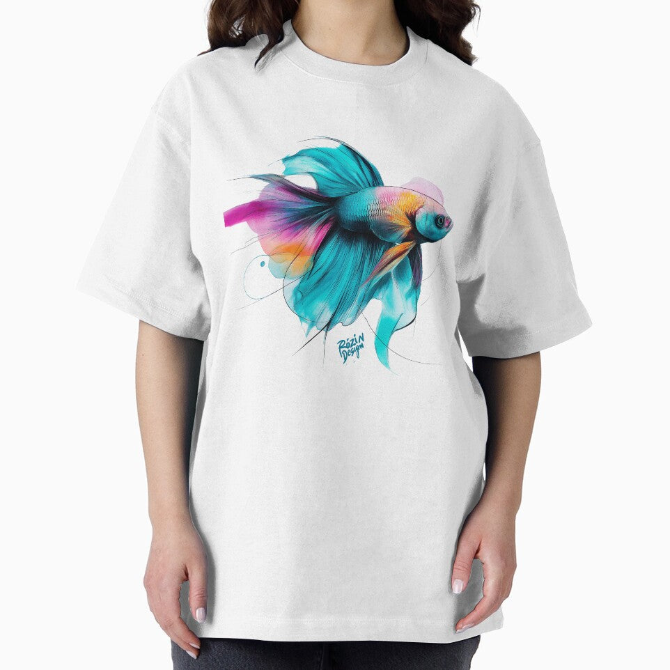 Neon Betta Fish – Turquoise Pink Vibrant Aquatic Line Art by Rozin-Design