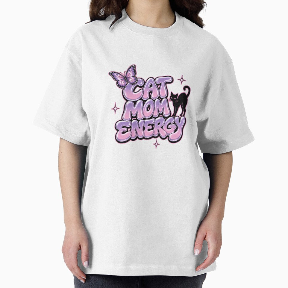Cat Mom Energy Y2K Chrome Bubble Letter Cat Lover Graphic Tee by Print Finds