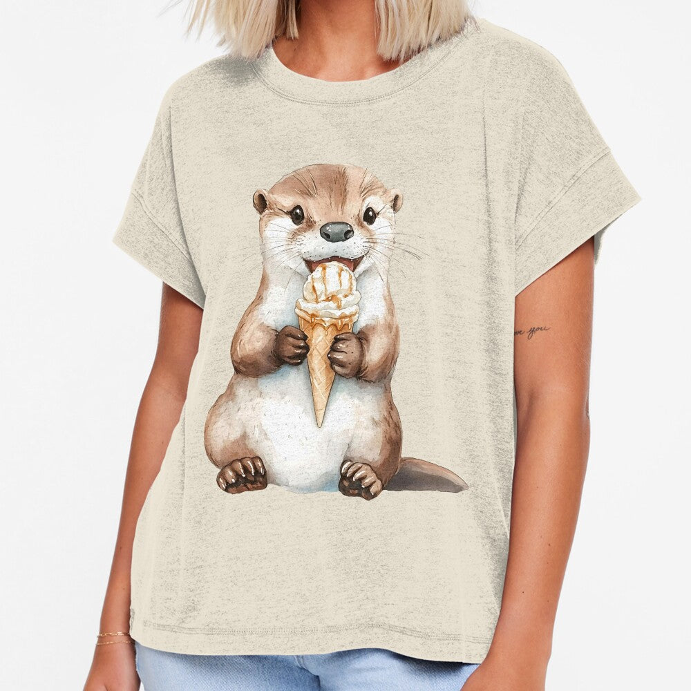 Watercolor otter holding ice cream cone. Cute otter eating ice cream in watercolor style by Anastasiia Yurevych