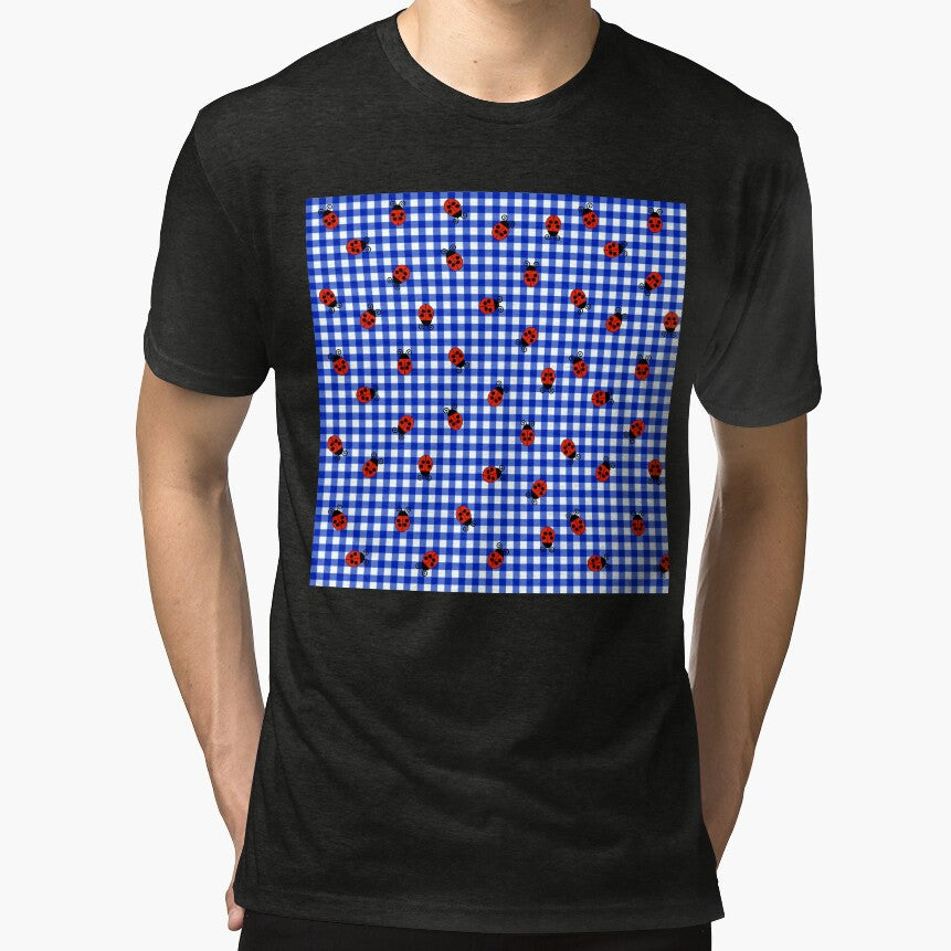 Blue And White Gingham Pattern With Cute Ladybugs by Lovemountain