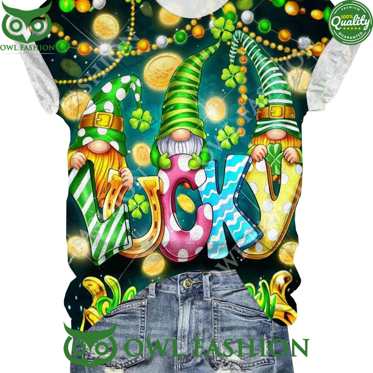 St. Patrick’s Day Gnome Print Crew Neck Premium Tshirt