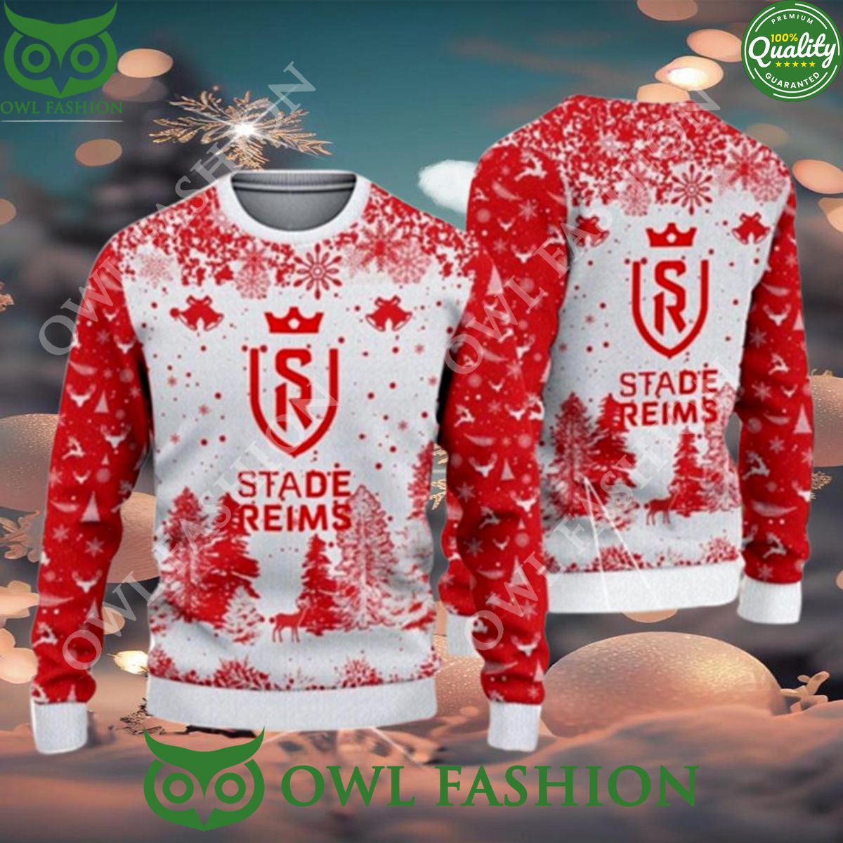 Stade De Reims Big Logo Pine Trees Ugly Christmas Sweater Jumper