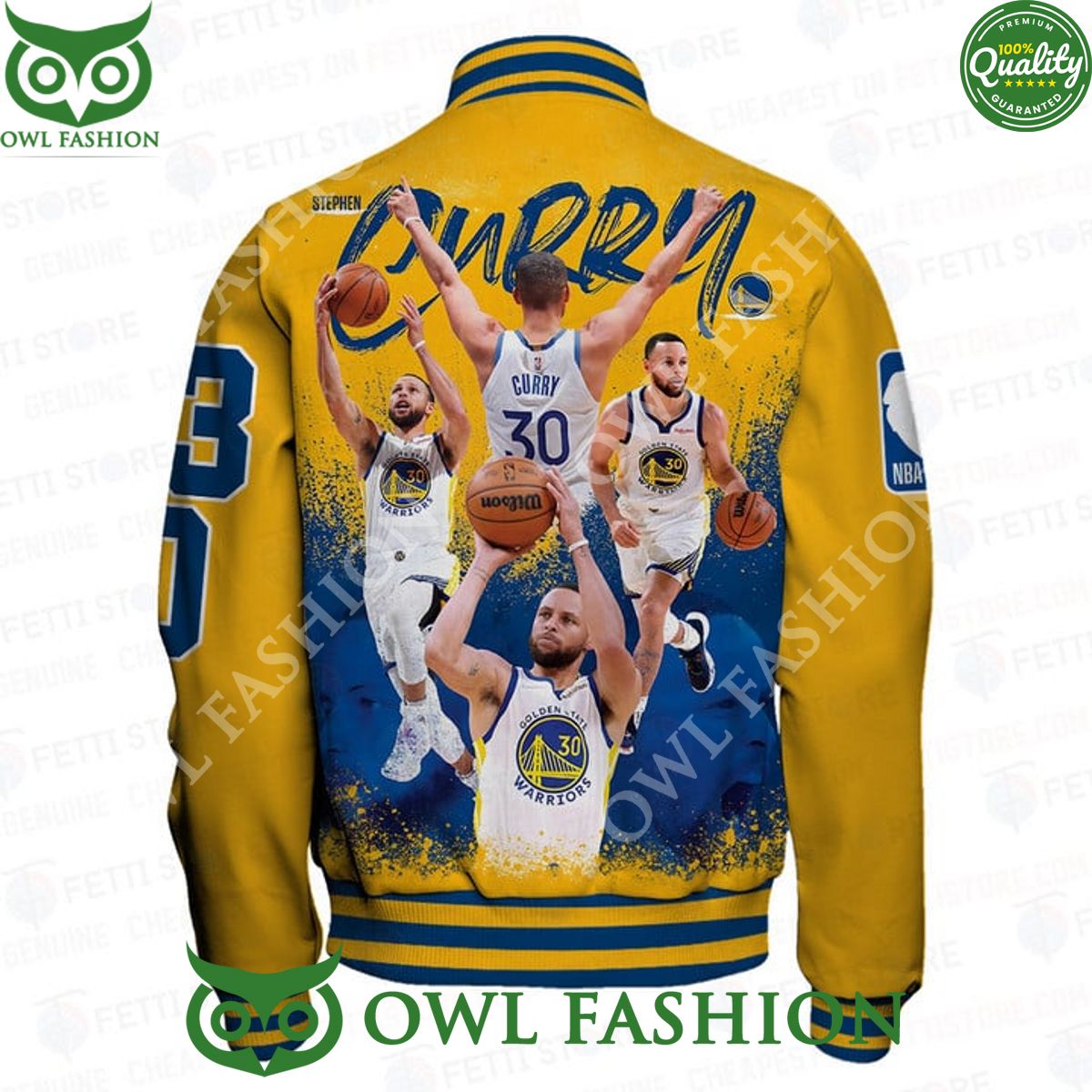 Stephen Curry Heats Up Warriors NBA Blue Yellow Print Varsity Jacket