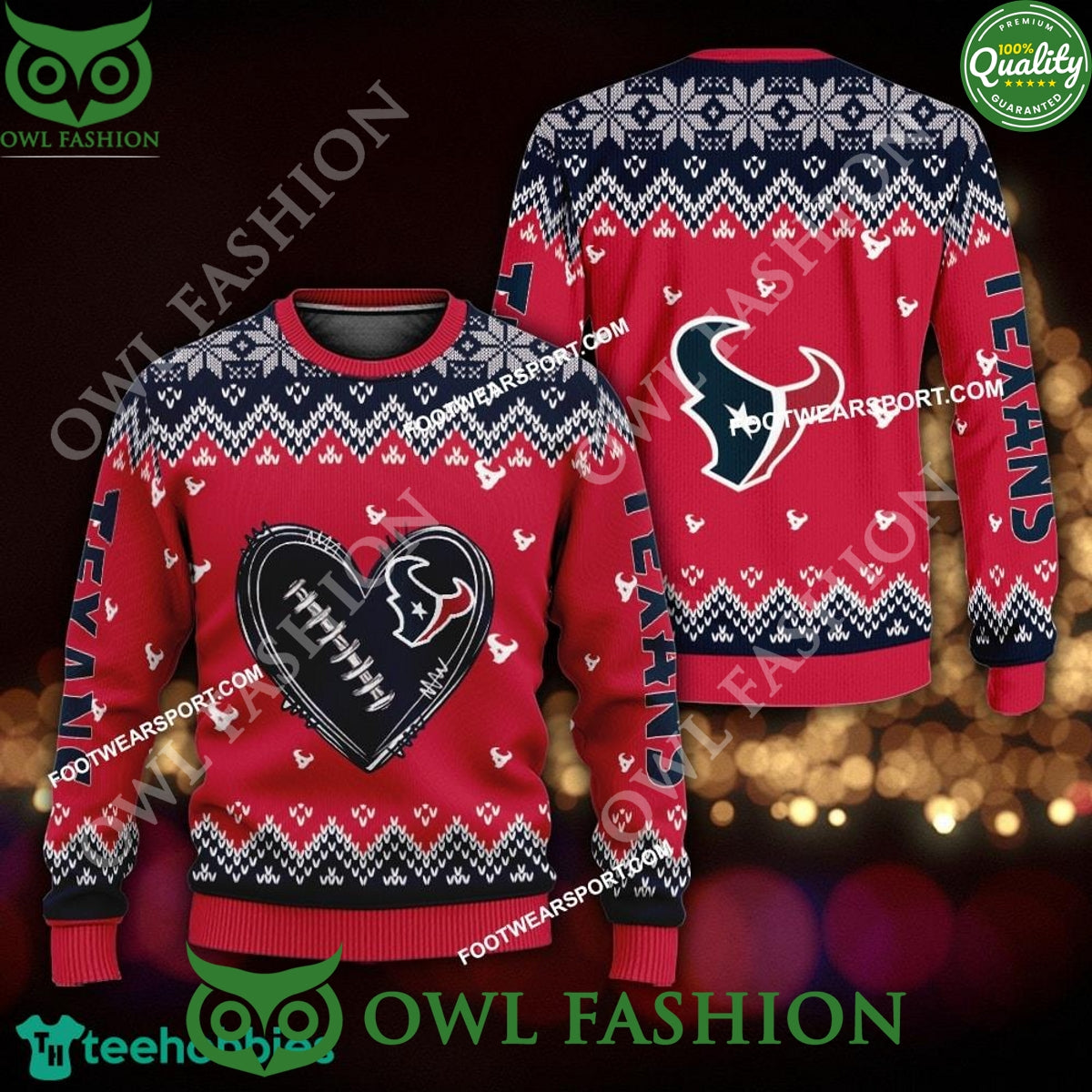 Logo Pattern Heart Football Houston Texans Christmas Ugly Sweater