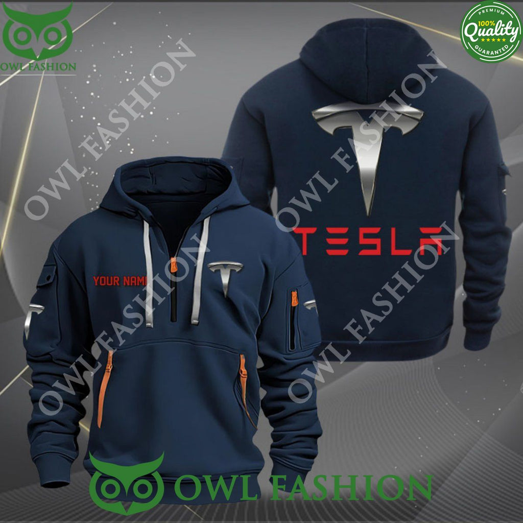 Tesla Automobile Customized Limited 2D Half Zipper Hoodie