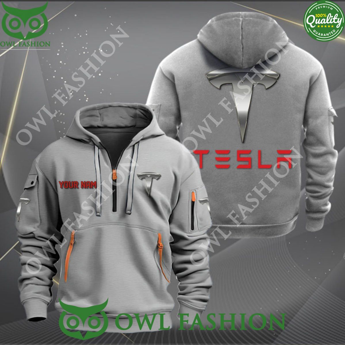 Tesla Automobile Customized Limited 2D Half Zipper Hoodie