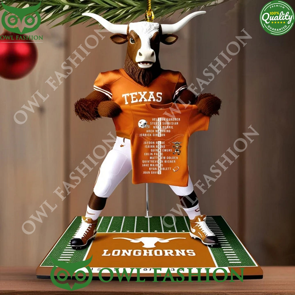 Texas Longhorns beef cattle hold shirt with players name on plastic ornament