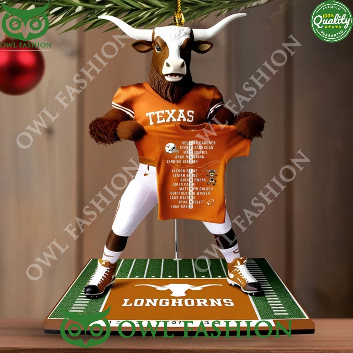 Texas Longhorns beef cattle hold shirt with players name on plastic ornament