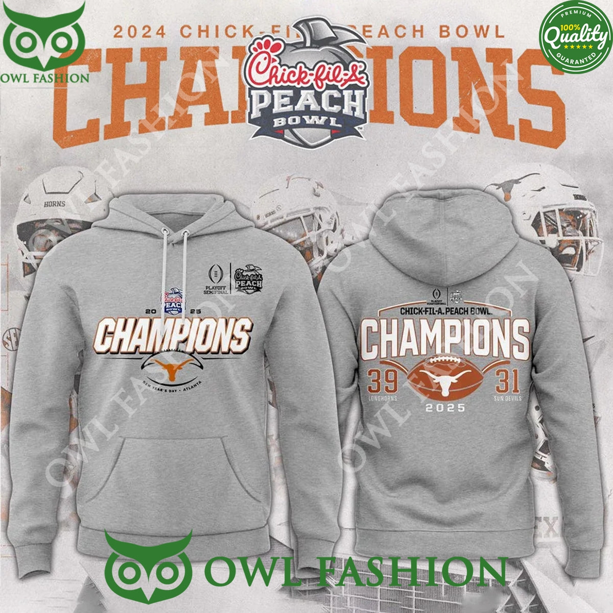 Texas Longhorns College Football Playoff 2025 Peach Bowl Champions Grey Hoodie