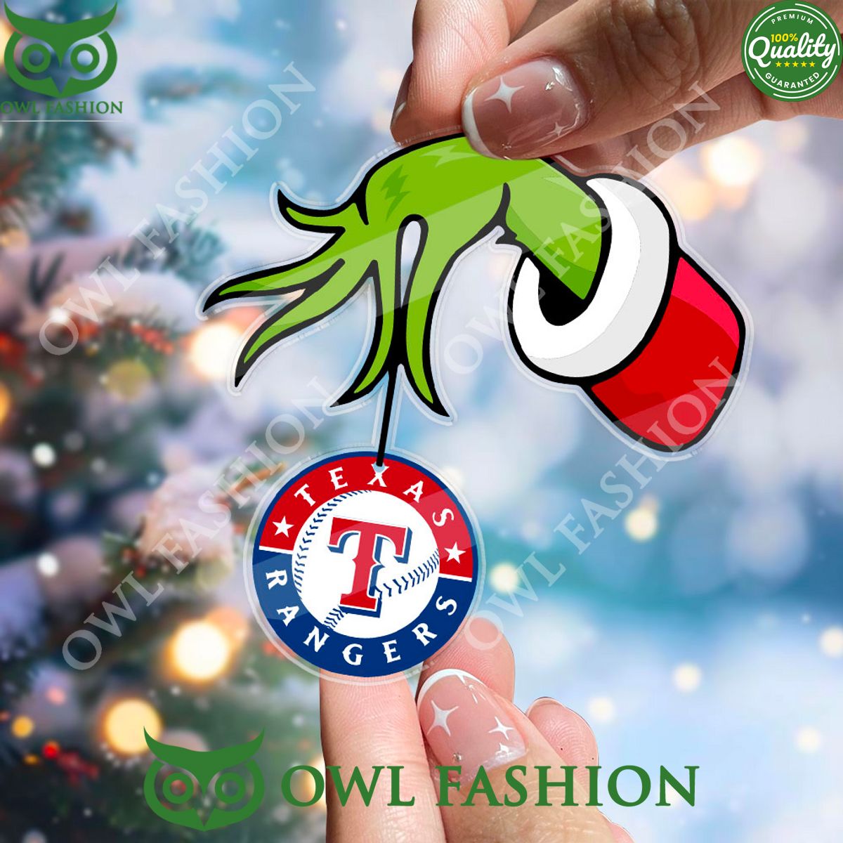 Texas Rangers Grinch Hand 2-Side Printed Ornament