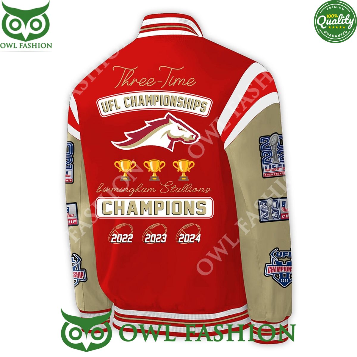 Three times UFL Championships 2024 Birmingham Stallions baseball Varsity Jacket