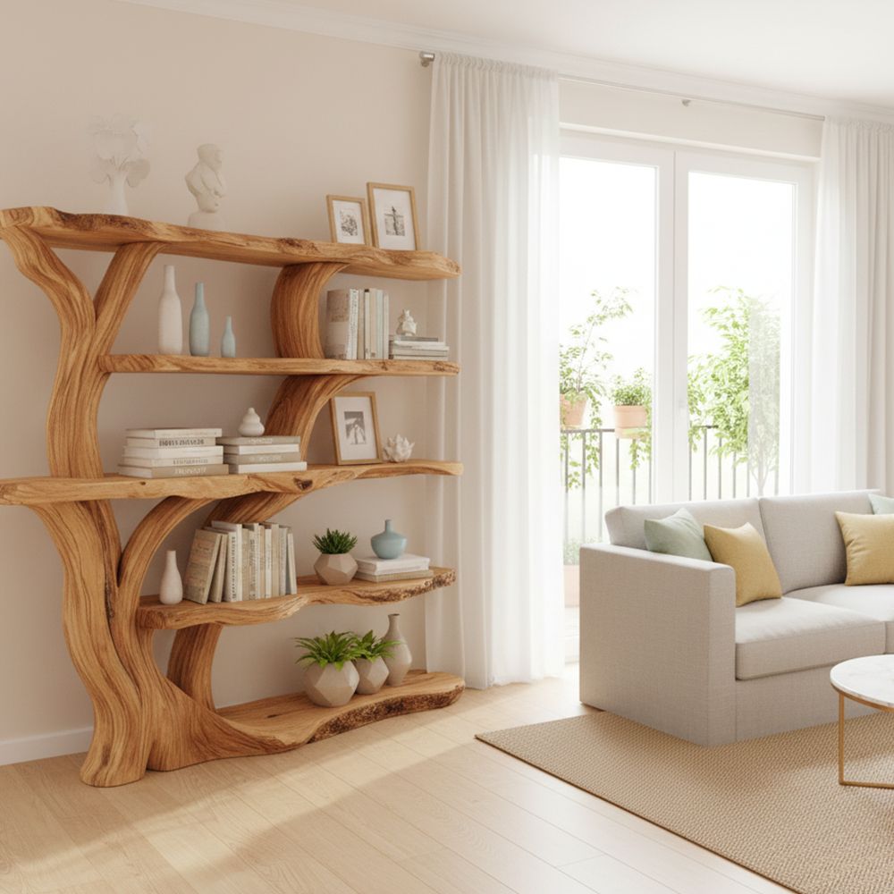 Handcrafted Tree Branch Bookshelf – Solid Wood Tree Branch Wall Shelf
