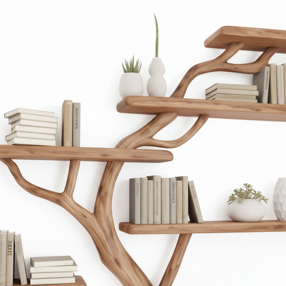 Handcrafted Console Table & Tree-Shaped Bookshelf Set – Solid Wood Artistic Furniture