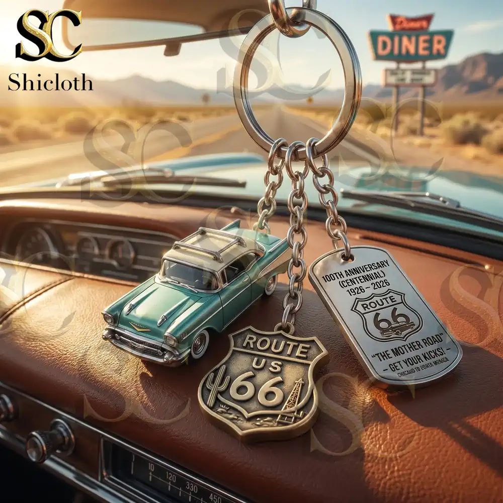 Route 66 100th Anniversary Vintage Classic Car Centennial Keychain