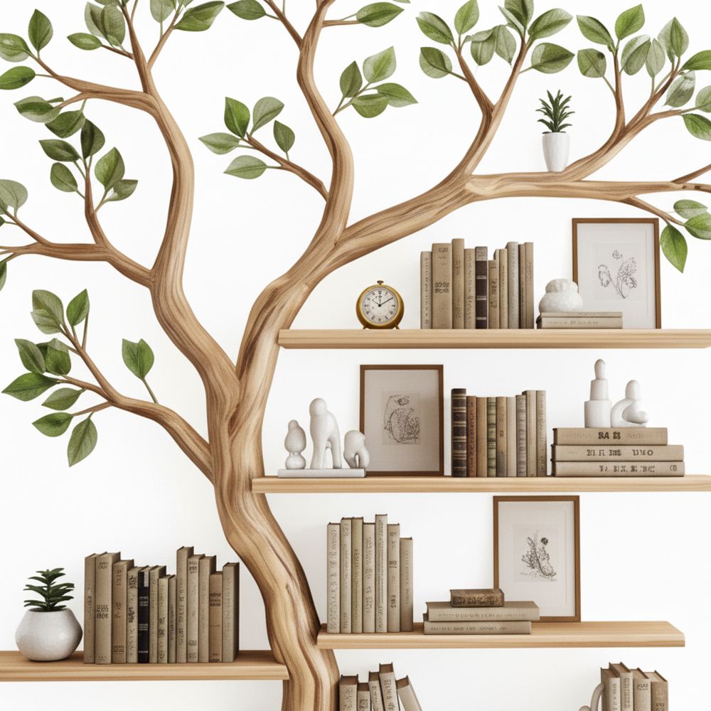 Freestanding Tree Bookshelf – Handcrafted Wooden Sculpture with Leafy Branch Shelves