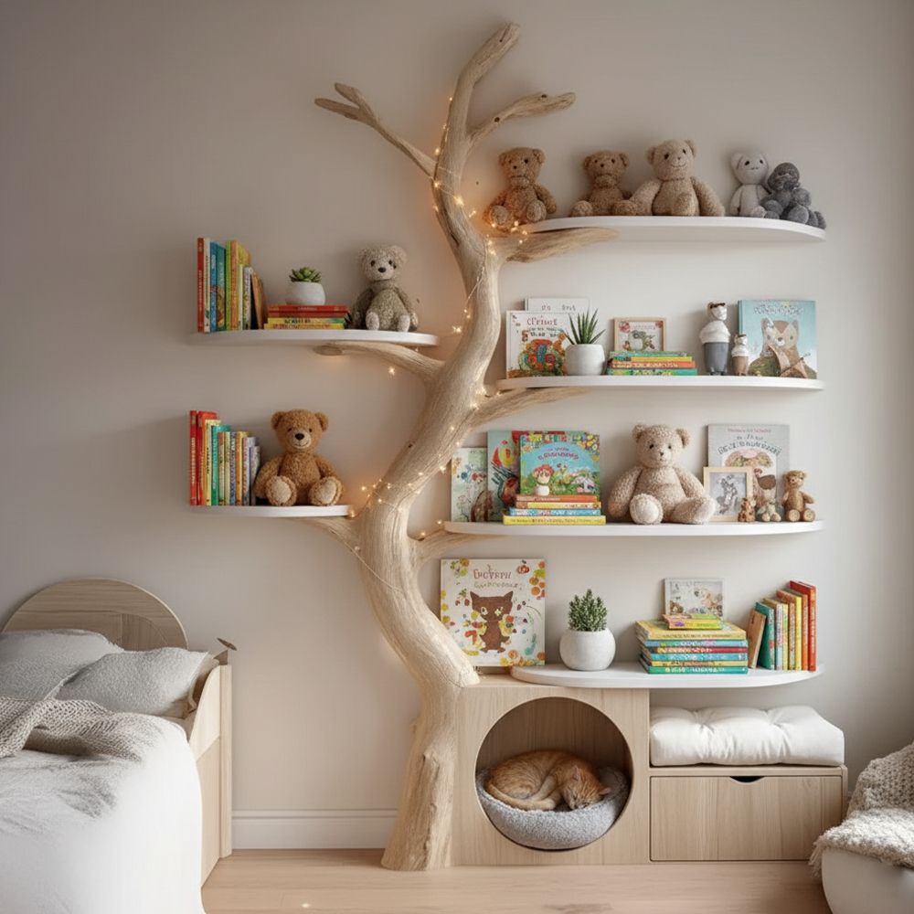 Wood Tree Tower – Handcrafted Tree Bookshelf with Built-In Cat House