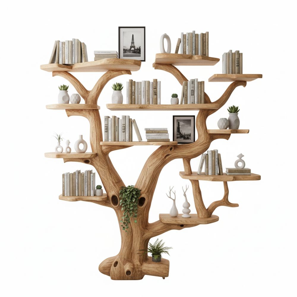 Wall-Mounted Tree Bookshelf – Handcrafted Vertical Wooden Bookcase Unique Modern Home Decor Gift