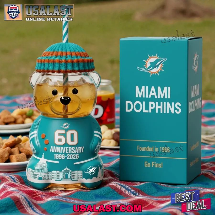 Miami Dolphins 60th Anniversary Bear Glass Cup