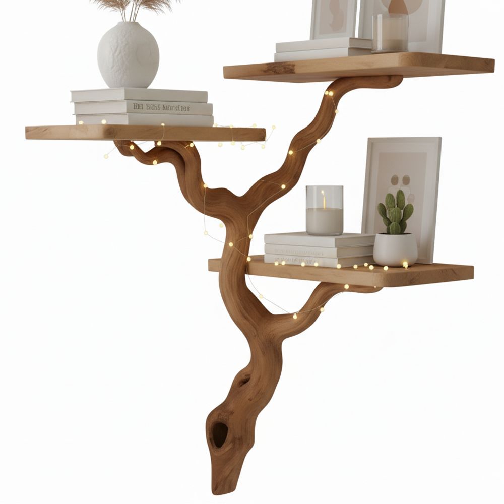 Corner Floating Shelf – Handmade Tree Branch Wall Bookshelf from Natural Wood