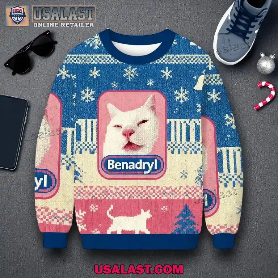 Funny Benadryl Meme Cat Christmas Ugly Sweater