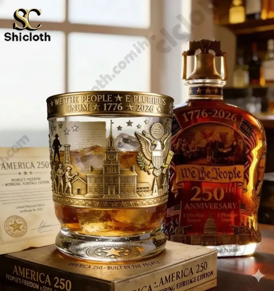 America We The People 250th Anniversary Whiskey Glass And Bottle