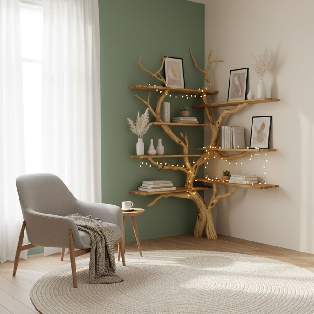 Driftwood Corner Shelf – Handmade Tree-Shaped Bookcase from Reclaimed Wood