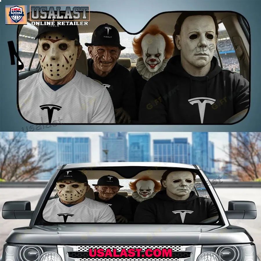 Tesla x Horror Movie Characters Car Sunshade, Car Windshield Cover