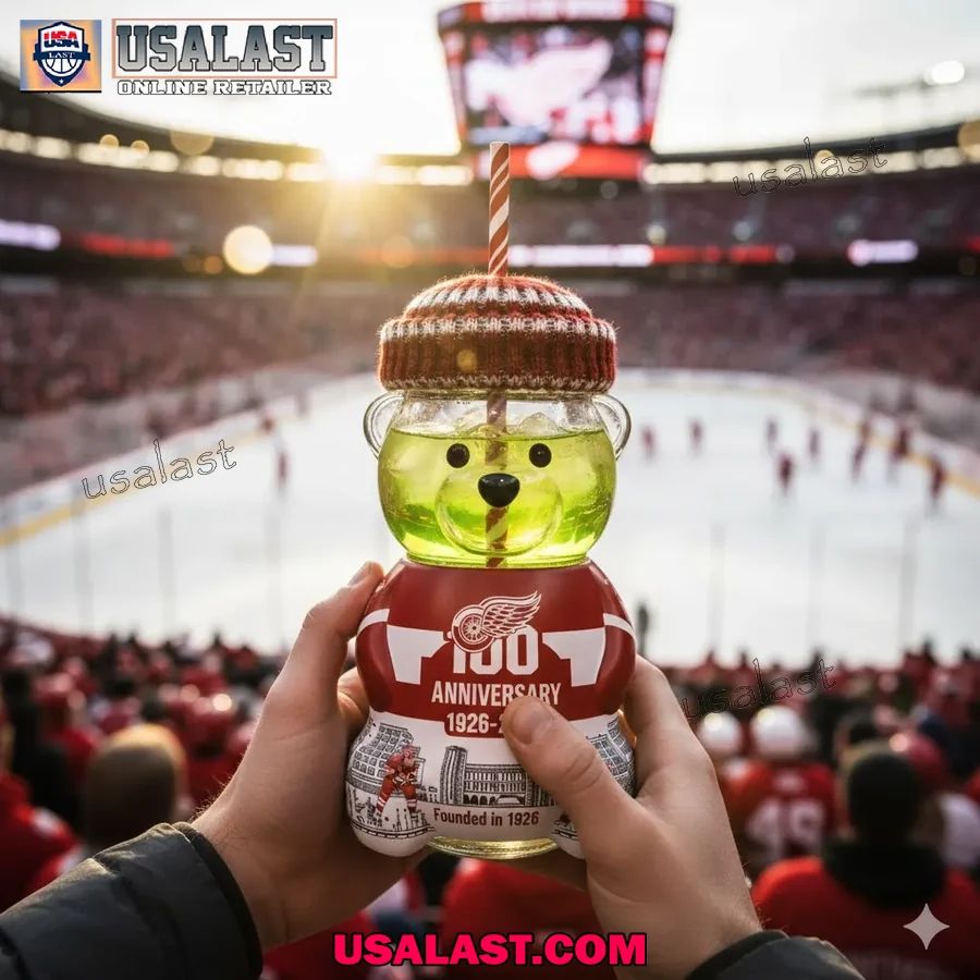 Detroit Red Wings 100th Anniversary Collectible Bear Glass Cup