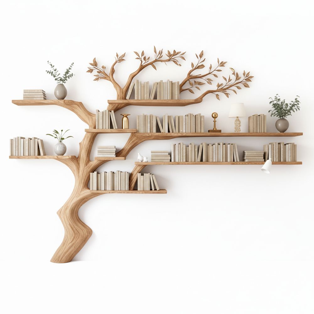 Handcrafted Tree Branch Bookshelf – Solid Wood Wall-Mounted Display