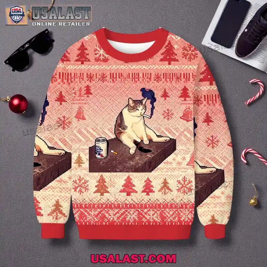 Cigarette Kitten Funny Smoking Cat Meme Christmas Ugly Sweater