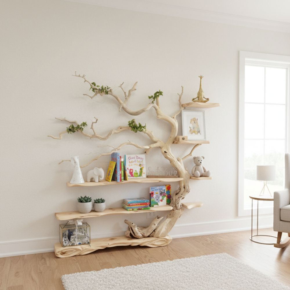 Tree Branch Bookshelf – Live Edge Floating Bookcase, Solid Wood Rustic Decor & Nature-Inspired Display