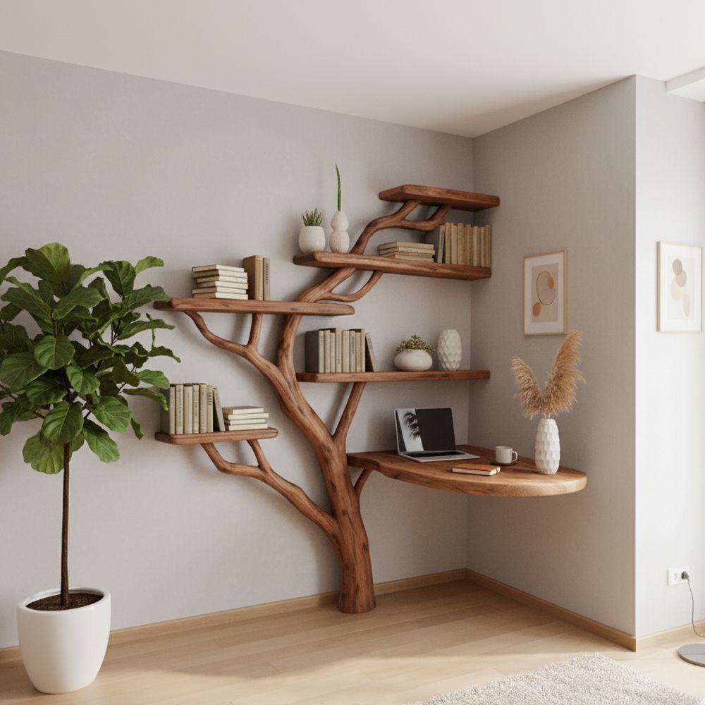 Handcrafted Console Table & Tree-Shaped Bookshelf Set – Solid Wood Artistic Furniture