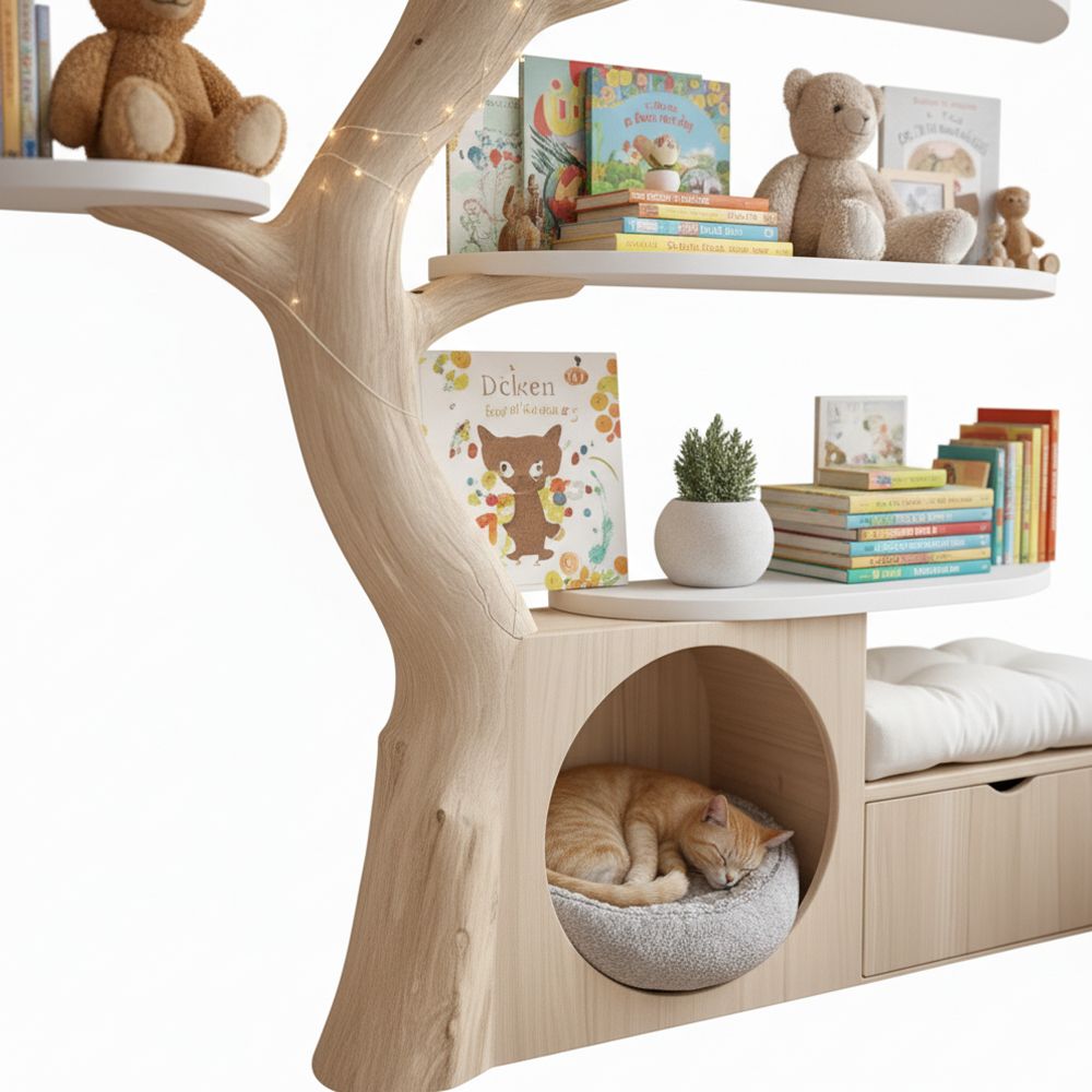 Wood Tree Tower – Handcrafted Tree Bookshelf with Built-In Cat House