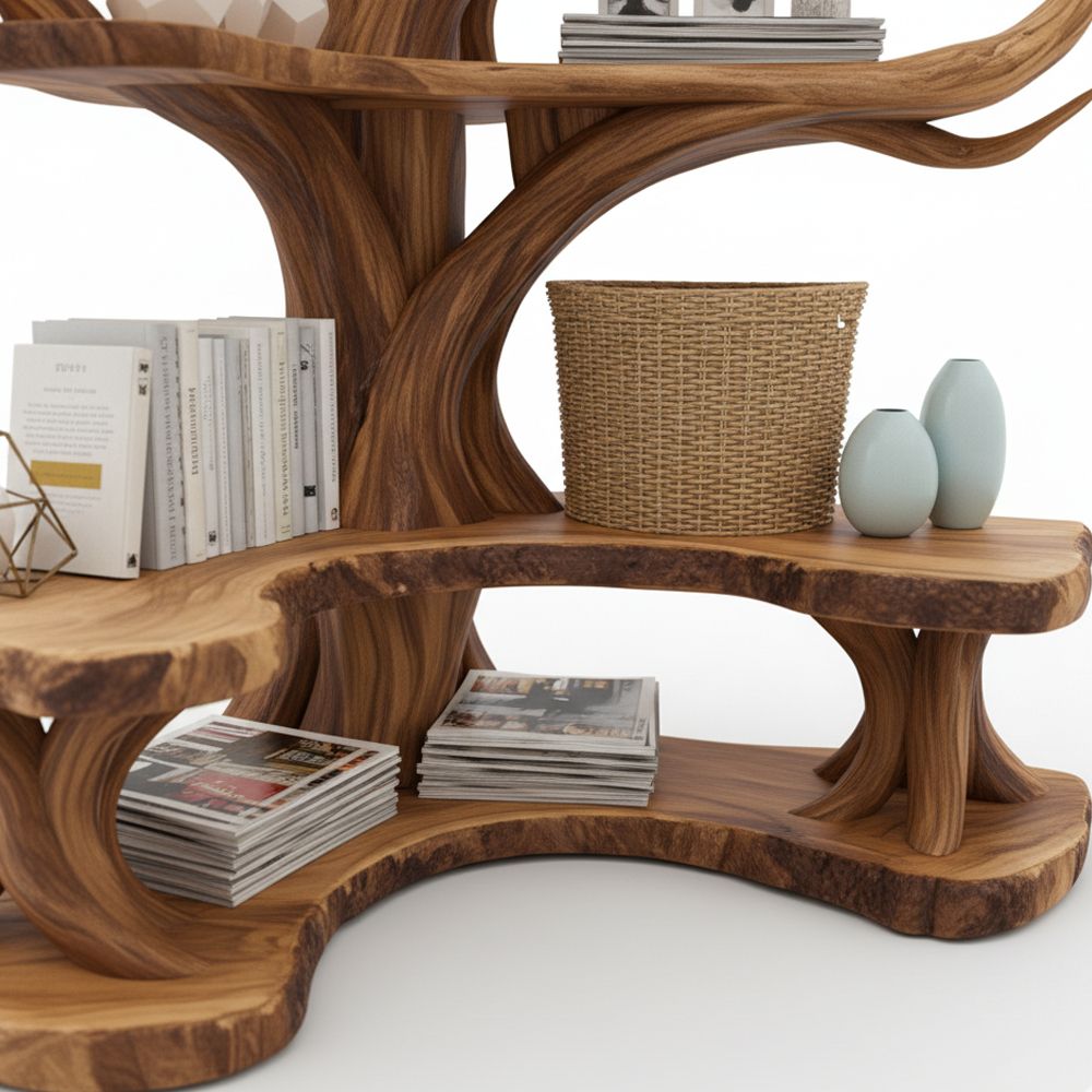 Tree Branch Bookshelf with L-Shaped Bench – Handcrafted Solid Wood Storage & Seating Combo