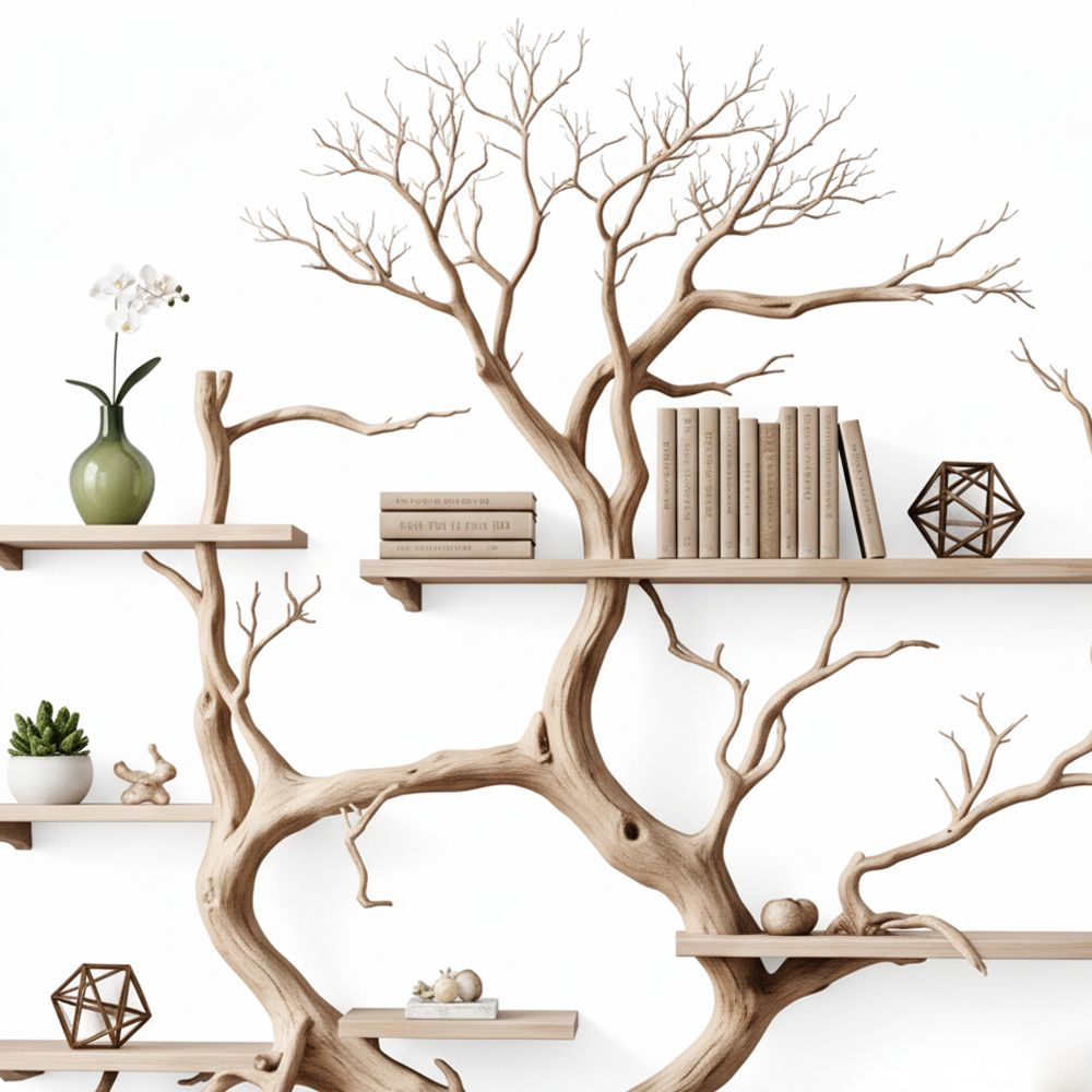 Minimalist Tree-Shaped Corner Bookshelf – Handcrafted Oak Wood Sculpture Shelf
