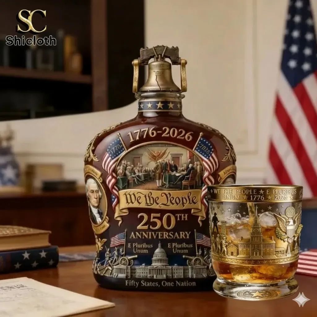 America We The People 250th Anniversary Whiskey Glass And Bottle