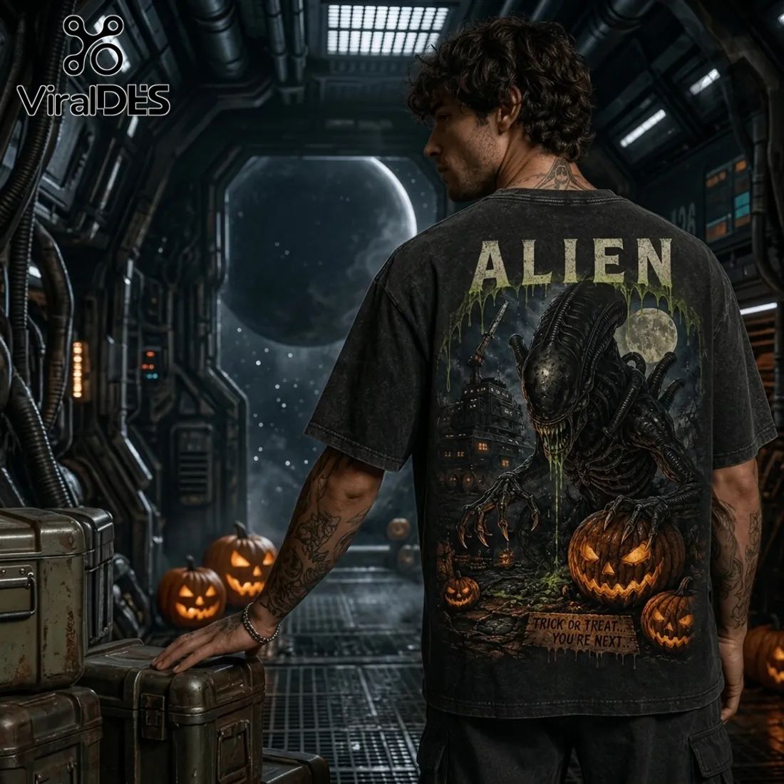 Alien Halloween Horror Pumpkin Acid Wash T-Shirt