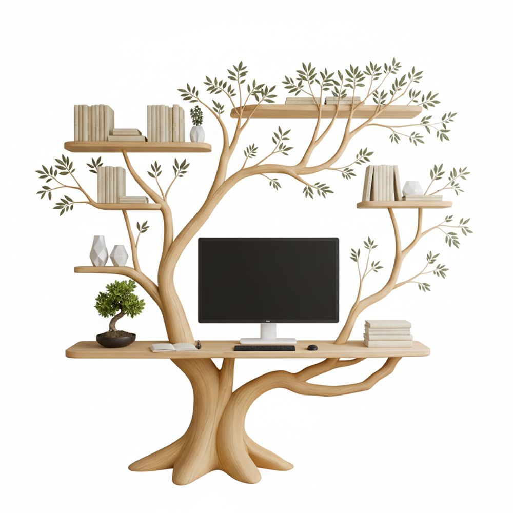 Handmade Tree-Shaped Desk – Solid Wood Workspace with Floating Shelves