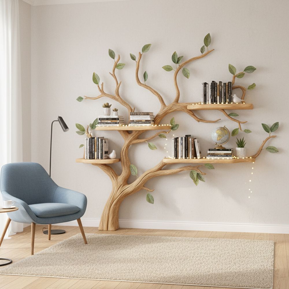 Tree Bookshelf – Handcrafted Wooden Wall Shelf with Natural Branch Design