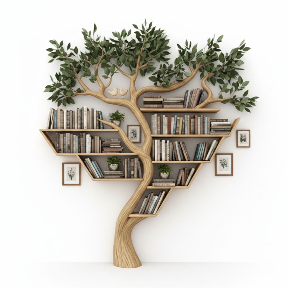 Rustic Tree Bookshelf – Handcrafted Solid Wood Wall-Mounted Display