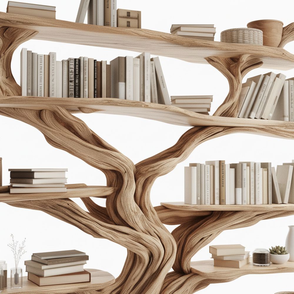 Live Edge Rustic Tree Bookshelf – Handcrafted Solid Wood Statement Piece