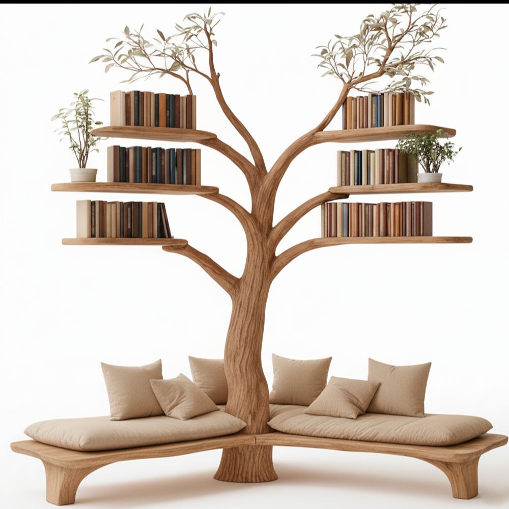 Rustic Tree Bookshelf with Corner Bench – Handmade Wooden Reading Nook for Kids & Nature Lovers